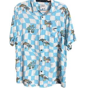 Baja Llama Mushroom Print Checkered Camp Shirt Mens XL Button Front